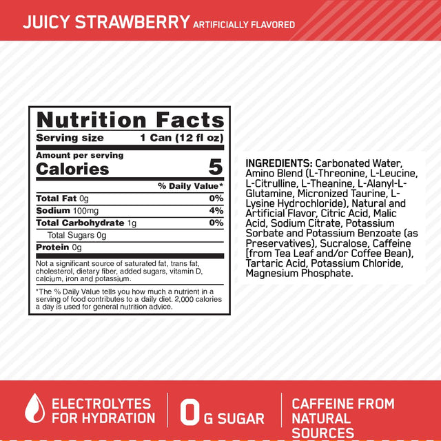 Optimum Nutrition Amino Energy Sparkling Hydration Drink, Electrolytes, Caffeine, Amino Acids, Bcaas, Sugar Free, Juicy Strawberry, 12 Fl Oz, 12 Pack (Packaging May Vary)