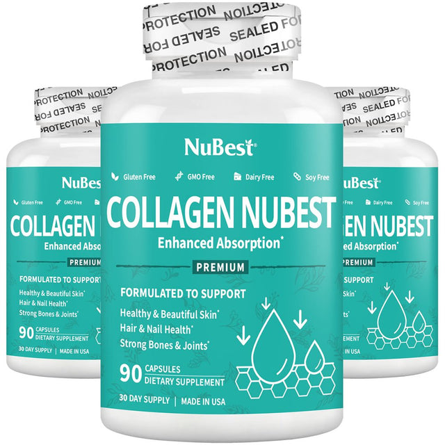 Collagen Nubest, Skin Beauty Supplement, Nourish Skin, Hair and Nails with Hydrolysate Collagen, 90 Capsules (Pack of 3)