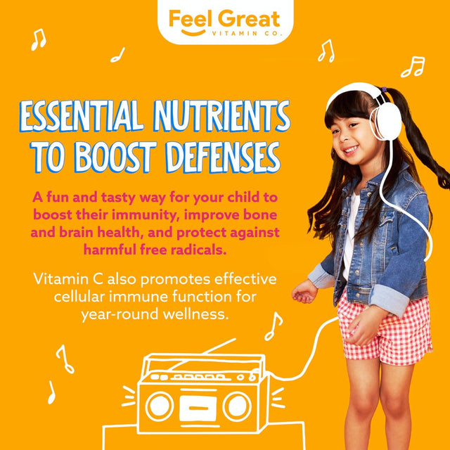 Kids Vitamin C Gummies | Chewable Vitamin C for Immune Defense | Plant-Based, Gluten Free, Non-Gmo | Vegan Vitamin C 250 Mg | 90 Gummies | Vitamins for Kids by Feel Great Vitamin Co.