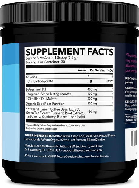 HAVASU NUTRITION L Arginine Powder | L-Arginine L-Citrulline Organic Beet Root and S7 Plant-Based Ingredients for Pre Workout Post Nitric Oxide Supplements Men & Women Mixed Berry