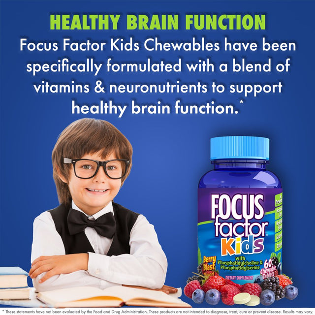 Focus Factor Kids Chewable Daily Vitamin, 60 Count, Brain Health Support with Vitamin B12, C & D3