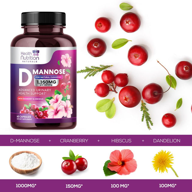 D-Mannose & Cranberry Extract 1350Mg, Fast-Acting to Support Natural Urinary Tract Health for Women & Men, Non-Gmo & Vegan, Flush Impurities in Urinary Tract & Bladder - 60 Capsules