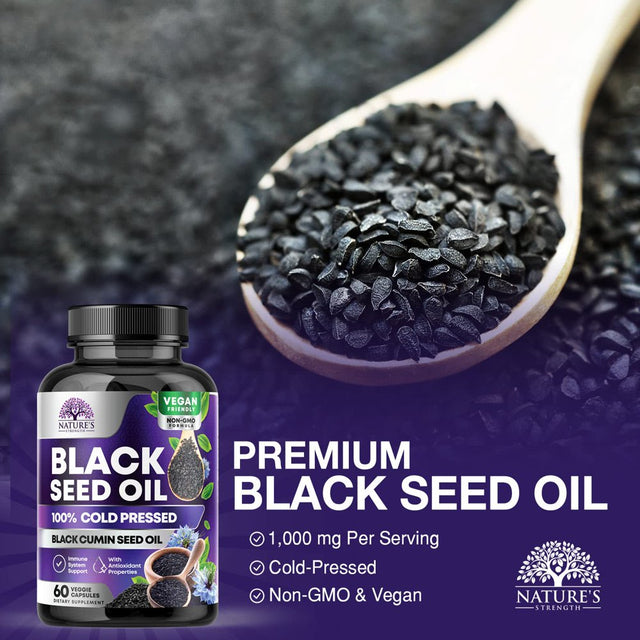 Black Seed Oil - 100% Cold Pressed Blackseed Oil, Vegan 1000Mg - Extra Strength Nigella Sativa for Joint, Hair, Skin & Immune Support, Pure Black Cumin Seed Oil Antioxidant, Non-Gmo - 60 Capsules