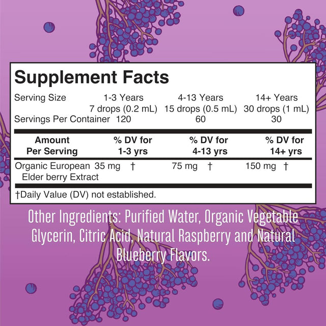 Maryruth Organics Organic Elderberry Liquid Drops, Herbals, Blueberry + Raspberry, 1 Fl Oz (30 Ml)