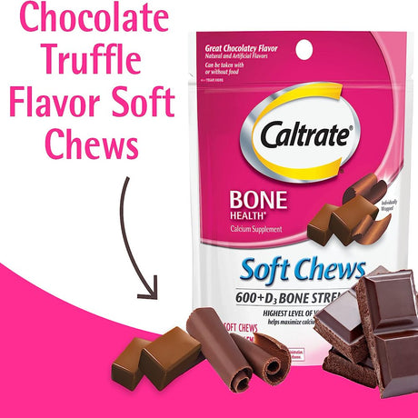 Caltrate Calcium Supplement W/ 600+D3 Bone Strength, Chocolate Flavor, 60Ct