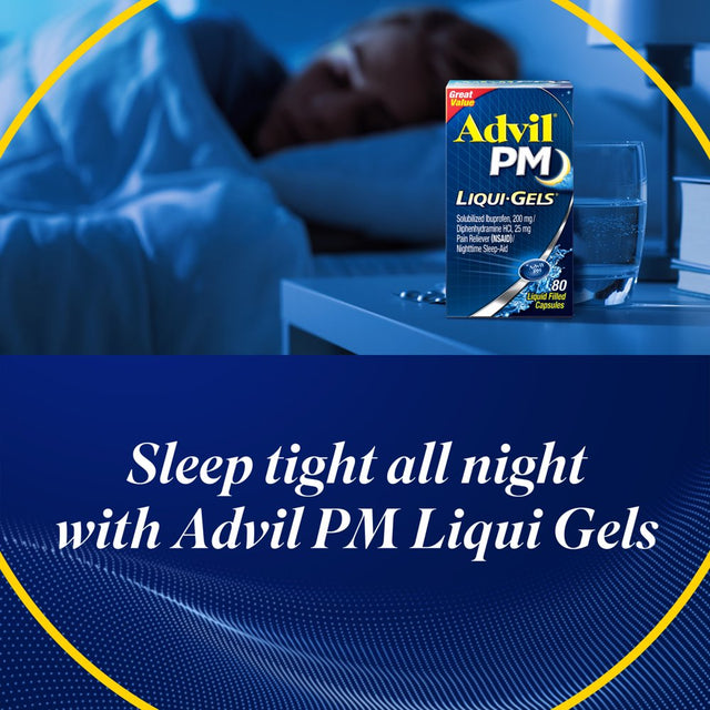 Advil PM Ibuprofen Liqui-Gels Sleep Aid Pain and Headache Reliever, 200 Mg Liquid Filled Capsules, 80 Count