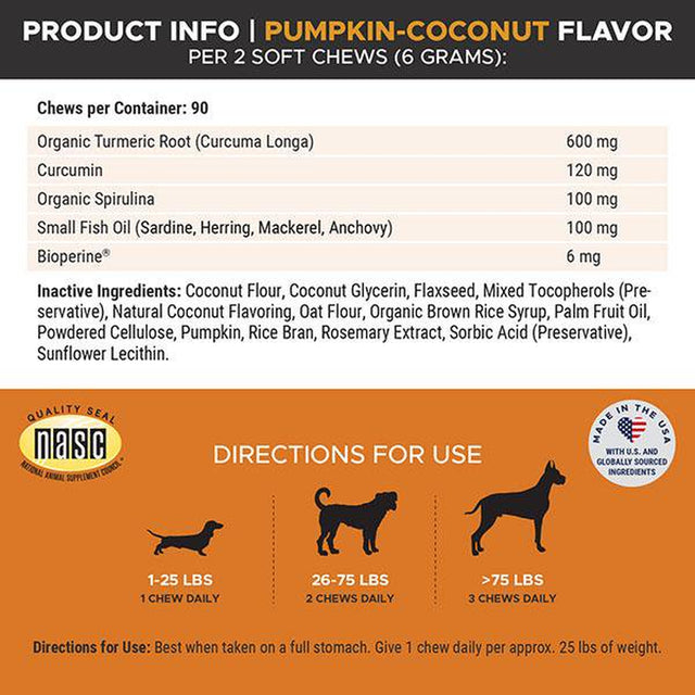 Pet Honesty Dog, Hip & Joint Health Support Tumeric Supplement W Spirulina Omega 3S and Black Pepper, Pumpkin & Coconut Flavor, 90 Count Soft Chews