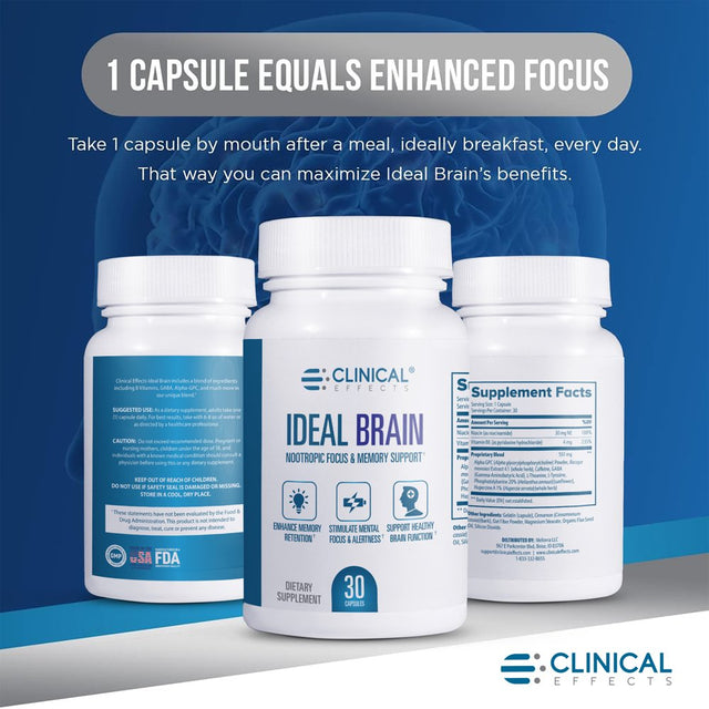 Clinical Effects Ideal Brain - Dietary Supplement for Nootropic Focus and Memory Support - 30 Capsules - B Vitamins, GABA, Alpha-Gpc - Helps Support Mental Focus, and Optimal Brain Function