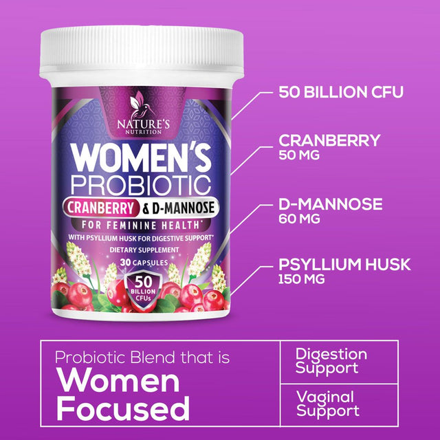 Probiotics for Women with Prebiotics & Cranberry, 50 Billion CFU, Vaginal Women'S Probiotic for Immune & Digestive Health, D-Mannose for Urinary Health, Shelf Stable, No Soy Gluten Dairy - 30 Capsules