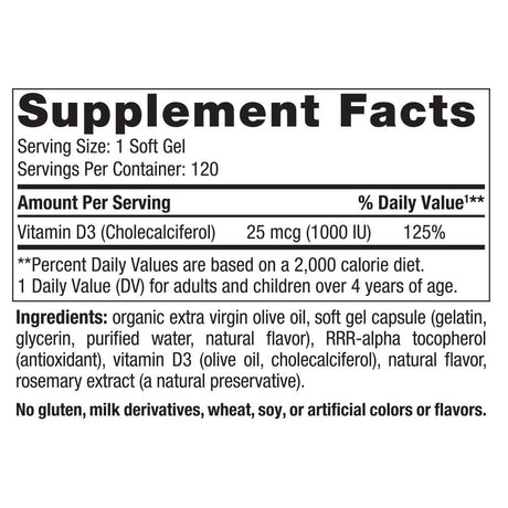 Nordic Naturals Vitamin D3 Softgels, 1000 IU, Supports Healthy Bones 120 Ct