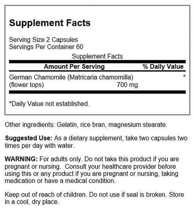 Swanson Chamomile Stress Support - Made with German Chamomile Flower - Herbal Supplement to Promote Stress, Relaxation and Sleep Support - Helps Easy Body and Mind - (120 Capsules, 350Mg Each)