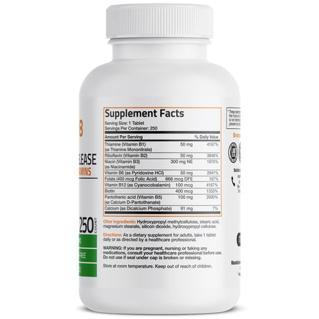 Bronson Super B Vitamin B Complex Sustained Slow Release (Vitamin B1, B2, B3, B6, B9 - Folic Acid, B12) Contains All B Vitamins 250 Tablets