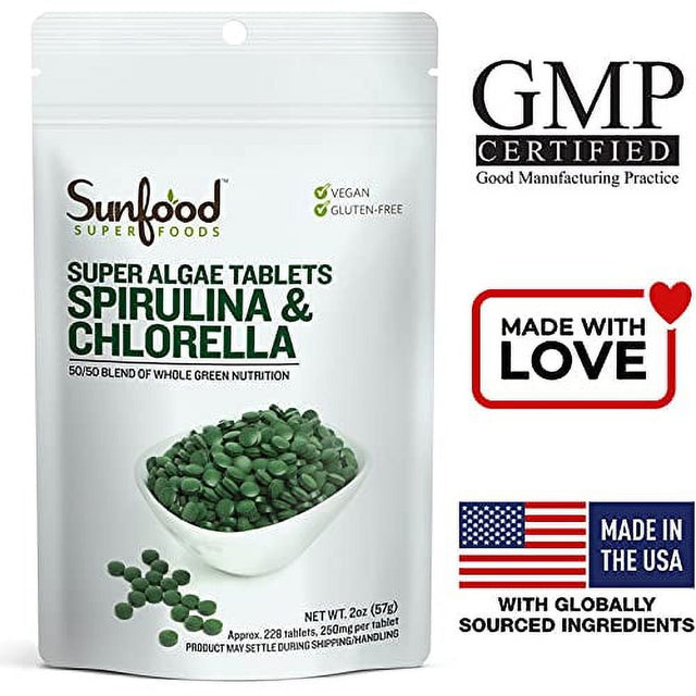 Sunfood Raw Spirulina Chlorella Tablets | 50/50 Blend | Chlorophyll Rich | Broken Cell Wall | Blue Green Algae Superfood | Organic & Non GMO | 100% Pure | 2 Oz Bag| 228 Tablets/Bag | 250 Mg/ Tablet