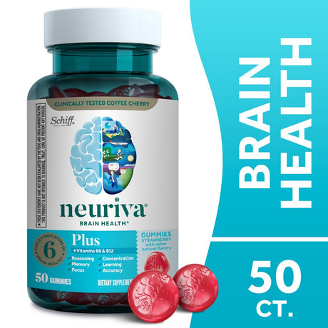 Neuriva plus Brain Health Support Strawberry Gummies (50 Count), Brain Support with Phosphatidylserine, Vitamin B6 & Decaffeinated, Clinically Tested Coffee Cherry