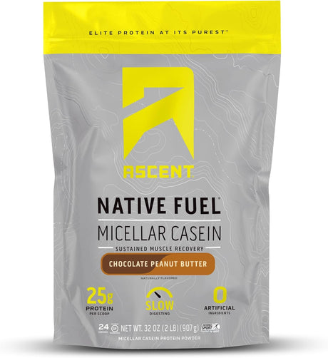 Ascent Casein Protein Powder - 25G Micellar Casein Powder with Zero Artificial Flavors & Sweeteners, Gluten Free, No Added Sugar, 4.9G BCAA, 2.2G Leucine - Chocolate Peanut Butter, 2 Pounds