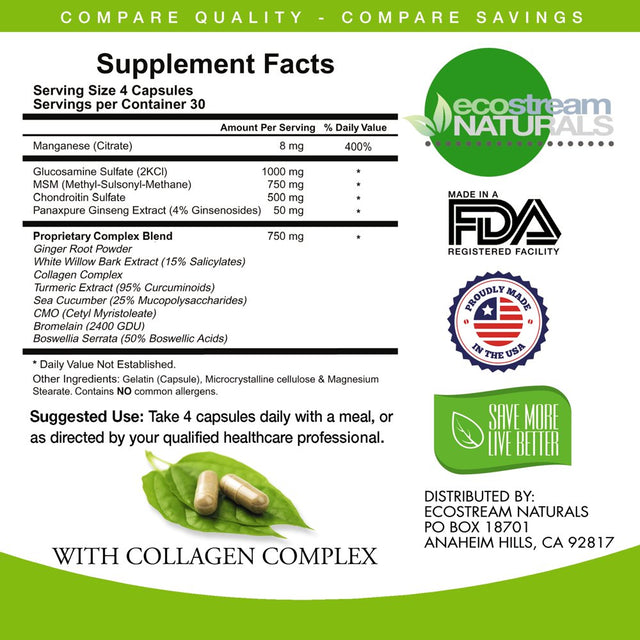 All Natural Glucosamine, Chondroitin, MSM, Turmeric, Boswellia and Collagen Complex by Ecostream Naturals, Joint Support - Gluten Free - (Packaging May Vary)