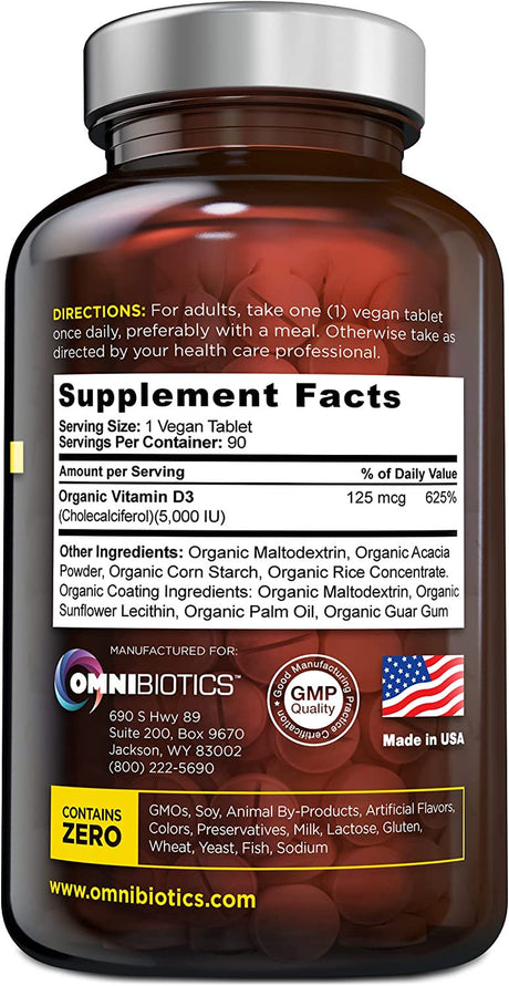 Organic Vitamin D3 5000 IU - 100% Vegan High-Potency Immune Support by Omnibiotics - 90 Tablets