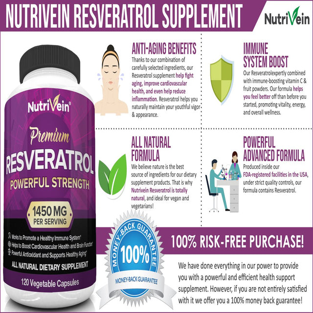 Nutrivein Resveratrol 1450Mg - anti Aging Antioxidant Supplement 120 Capsules