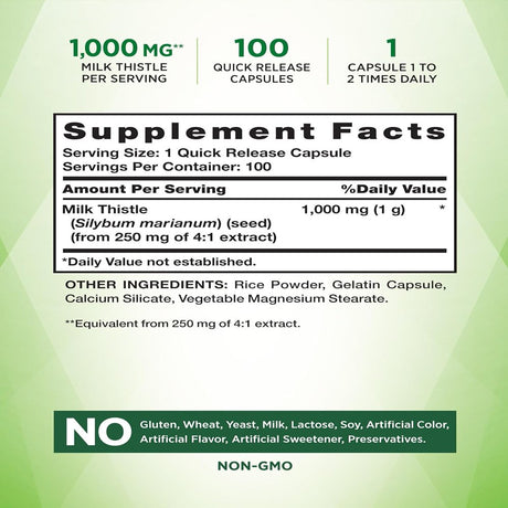 Milk Thistle Capsules | 1000Mg | 100 Count | Non-Gmo & Gluten Free | by Nature'S Truth