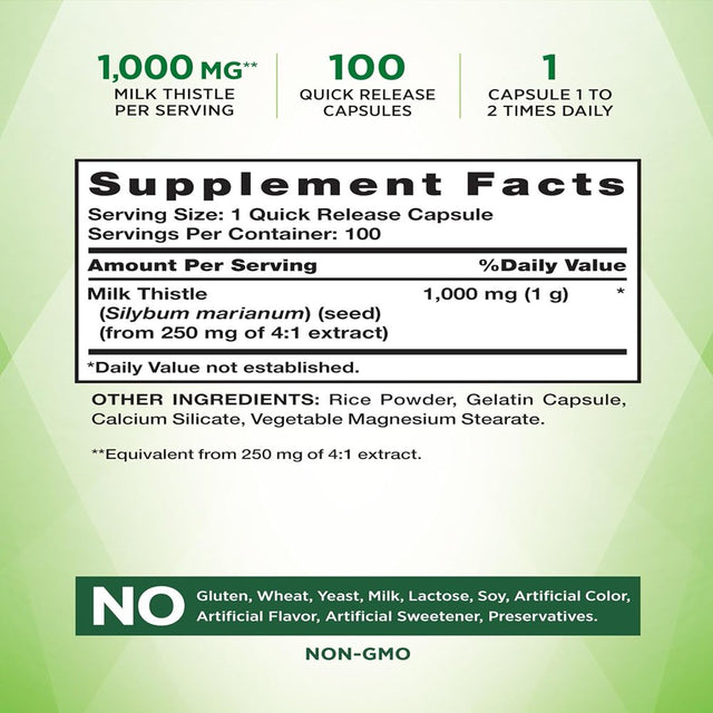 Milk Thistle Capsules | 1000Mg | 100 Count | Non-Gmo & Gluten Free | by Nature'S Truth