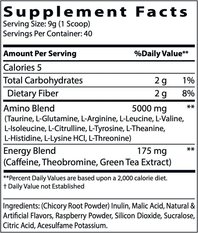 Energized AMINOS Raspberry Iced Tea 360G Pre-Wokout, Green Tea, Caffeine, and Theobromine Energy Blend- 40 Servings