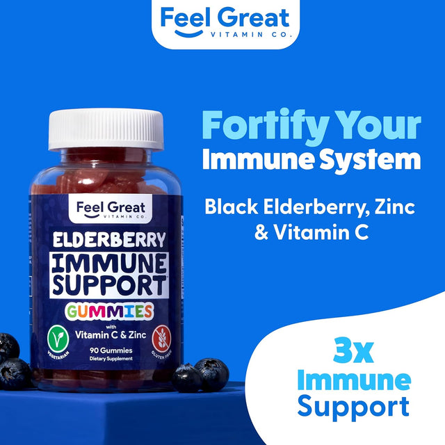 Feel Great Sambucus Elderberry Gummies for Adults | Elderberry and Zinc Immune System Booster Gummy Vitamins | Vegan Immune Gummies for Adults, 90 Count