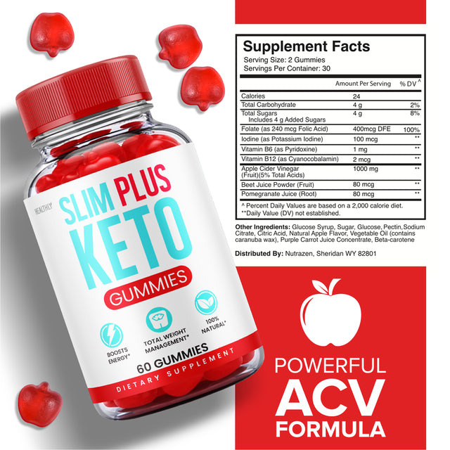 Slim plus Keto Gummies for Weight Loss ACV Apple Cider Vinegar 100% Natural (60 Gummies)