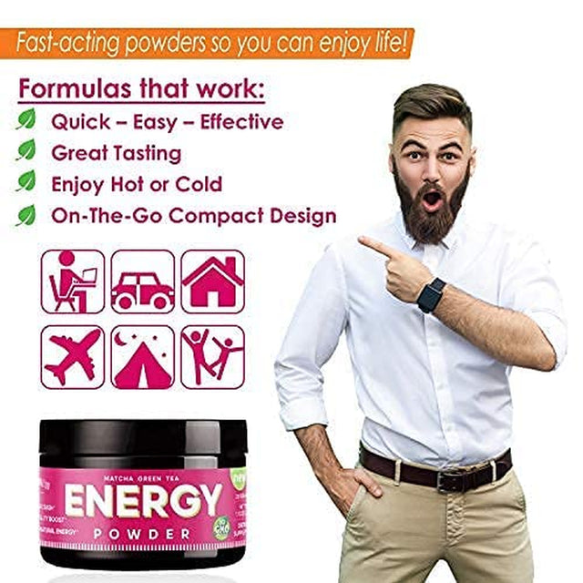 Energy Powder - Natural Caffeine | Focus & Brain Boost Formula | Nootropic - No Crash & No Sugar (20 Servings) Matcha Green Tea, Guarana, L-Theanine, Eleuthero – Plant Based Energy - 0 Cal | 1.1Oz