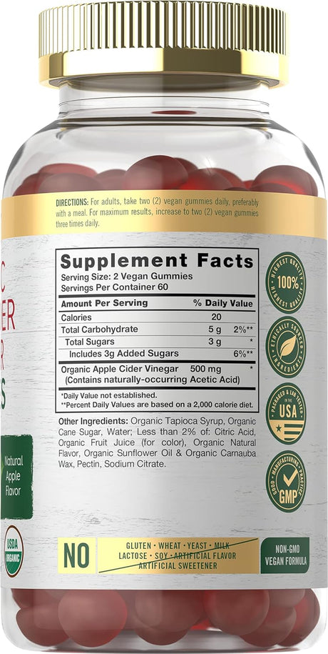 Carlyle Organic Apple Cider Vinegar Gummies | 120 Count | USDA Certified Organic | Vegan, Non-Gmo & Gluten-Free ACV Gummies | Natural Apple Flavor