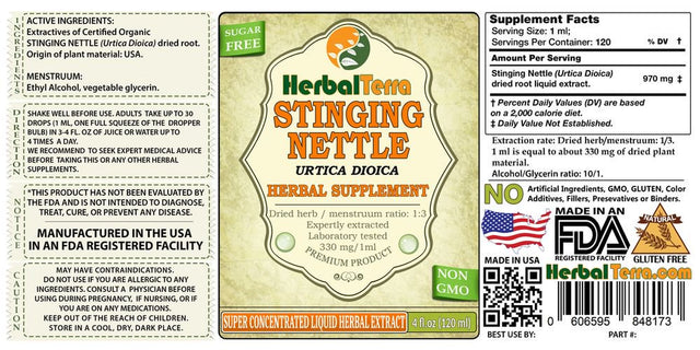 Stinging Nettle (Urtica Dioica) Tincture, Organic Dried Roots Liquid Extract (Herbal Terra, USA) 2 Oz