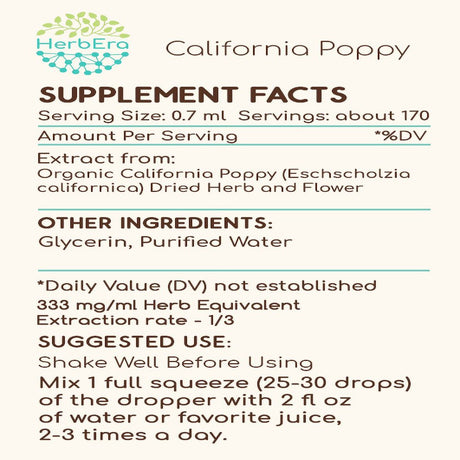 California Poppy Alcohol-Free Herbal Extract Tincture, Super-Concentrated Organic California Poppy (Eschscholzia Californica) Dried Herb and Flower 2X4 Oz