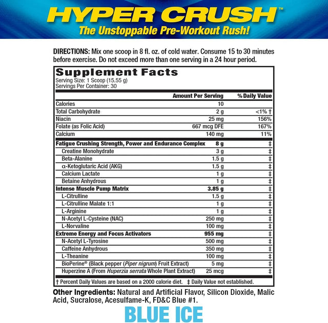 Maximum Human Performance MHP HYPER CRUSH Pre Workout Energy Drink Creatine Beta Alanine Nitric Oxide Pump Citrulline AKG 30 Servings, Blue Ice, 14.88 Ounce