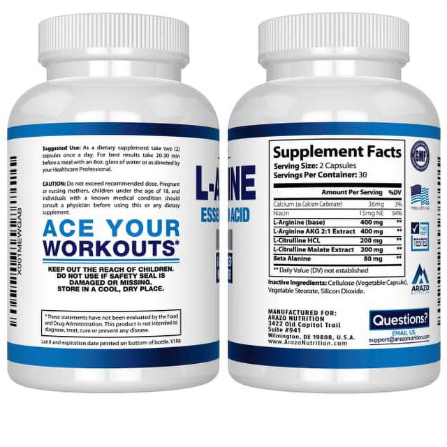 Premium L Arginine - 1340Mg Nitric Oxide Booster with L-Citrulline & Essential Amino Acids for Heart and Muscle Gain - Nitric Oxide Boost Supplement for Endurance and Energy - 60 Capsules