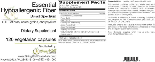 Essential Hypo-Allergenic Broad Spectrum Fiber - Free of Bran, Cereal Grains, and Psyllium - 120 Vegetarian Capsules