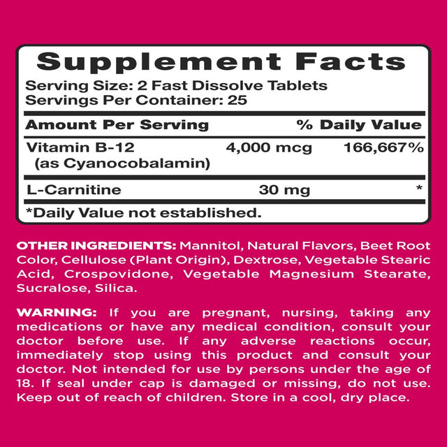 Pink B12 Vitamins | 5000Mcg | 50 Fast Dissolve Tablets | Berry Flavor | plus L Carnitine