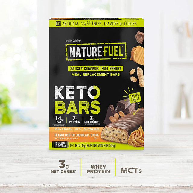 Nature Fuel Low Carb Meal Replacement Bar, Keto Friendly Snack for Weight Loss with 0G Added Sugar & Whey Protein Mcts, Peanut Butter Chocolate Chunk, 12 Count Box