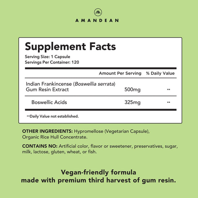 Amandean Boswellia Serrata Extract. 500Mg 120 Veggie Capsules. 65% Boswellic Acids with AKBA. Natural Ayurvedic Supplement (Indian Frankincense). Premium 3Rd Harvest.