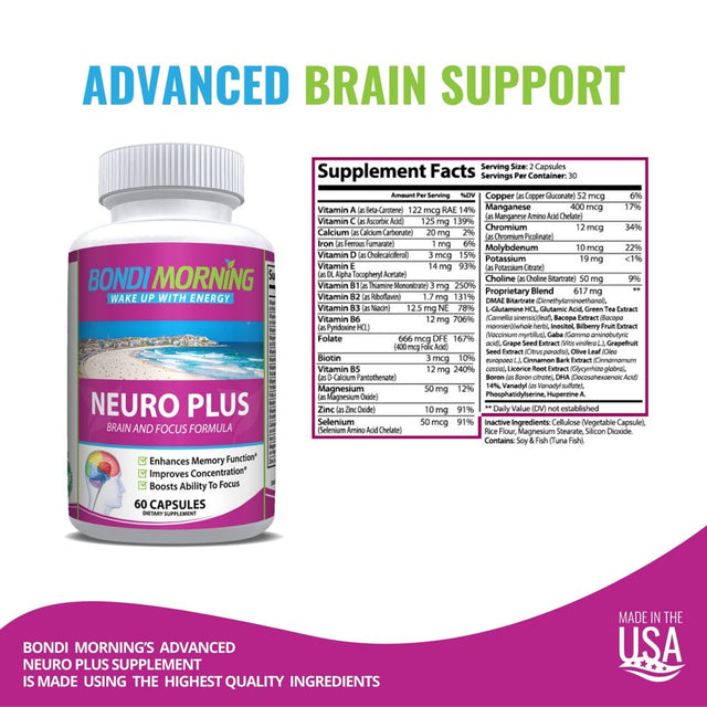 Bondi Morning Neuro plus Brain Function Support. Promotes Focus, Clarity, Energy & Alertness - 60 Capsules