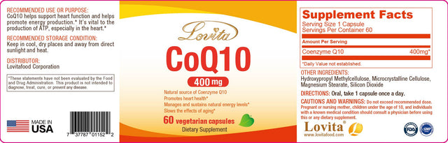 Lovita Coq10 400Mg Supplements from High Absorption Vegan Coenzyme Q10 Powder, Extra Antioxidant Co Q10 Enzyme for Blood Pressure Support & Heart Health, Vegan Friendly, 60 Capsules