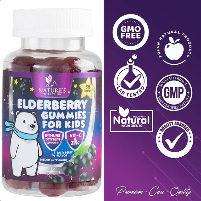 Elderberry Gummies for Kids with Vitamin C, Zinc & Sambucus Black Elderberry Extract - Daily Childrens Immune Support Vitamins Gummy Supplement, Non-Gmo, Vegan, Natural Berry Flavor - 60 Gummies