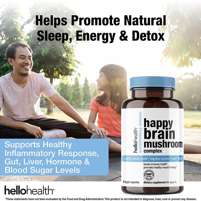 Hello Health Happy Brain - Nootropics Brain Supplement with 10 Brain Support Mushrooms, Mental Clarity, Stress Relief & Immune Support - 60 Capsules