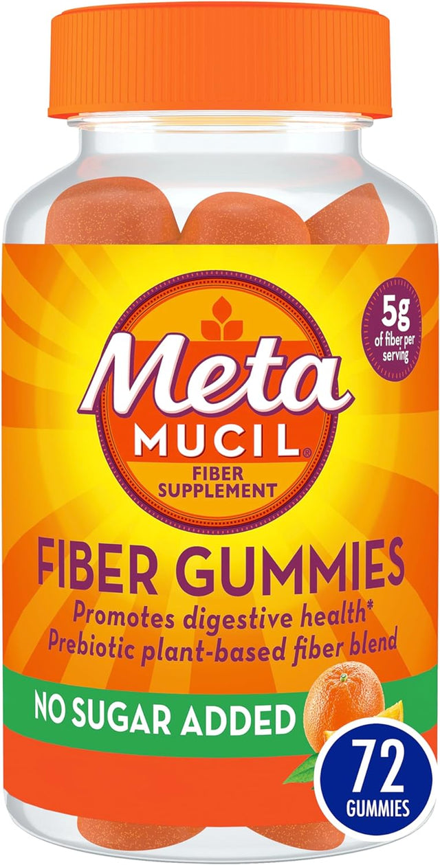 Metamucil Daily Fiber Gummies, Orange Flavored, No Sugar Added, 5G Prebiotic Plant Based Fiber Blend, 72 Count