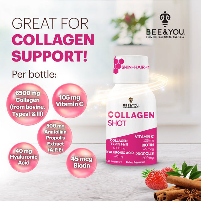 BEE and YOU Collagen Liquid Shot Drink with Vitamin C, Hyaluronic Acid, Biotin - Promotes Skin, Hair, Nail and Joint Health, 1.69 Fl. Oz X 12 Bottles