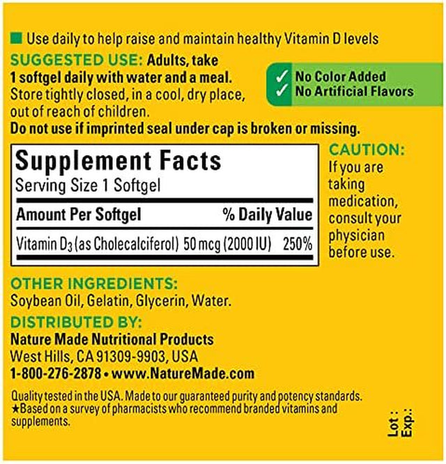 Nature Made Vitamin D3, 90 Softgels, Vitamin D 2000 IU (50 Mcg) Helps Support Immune Health, Strong Bones and Teeth, & Muscle Function, 250% of the Daily Value for Vitamin D in One Daily Softgel