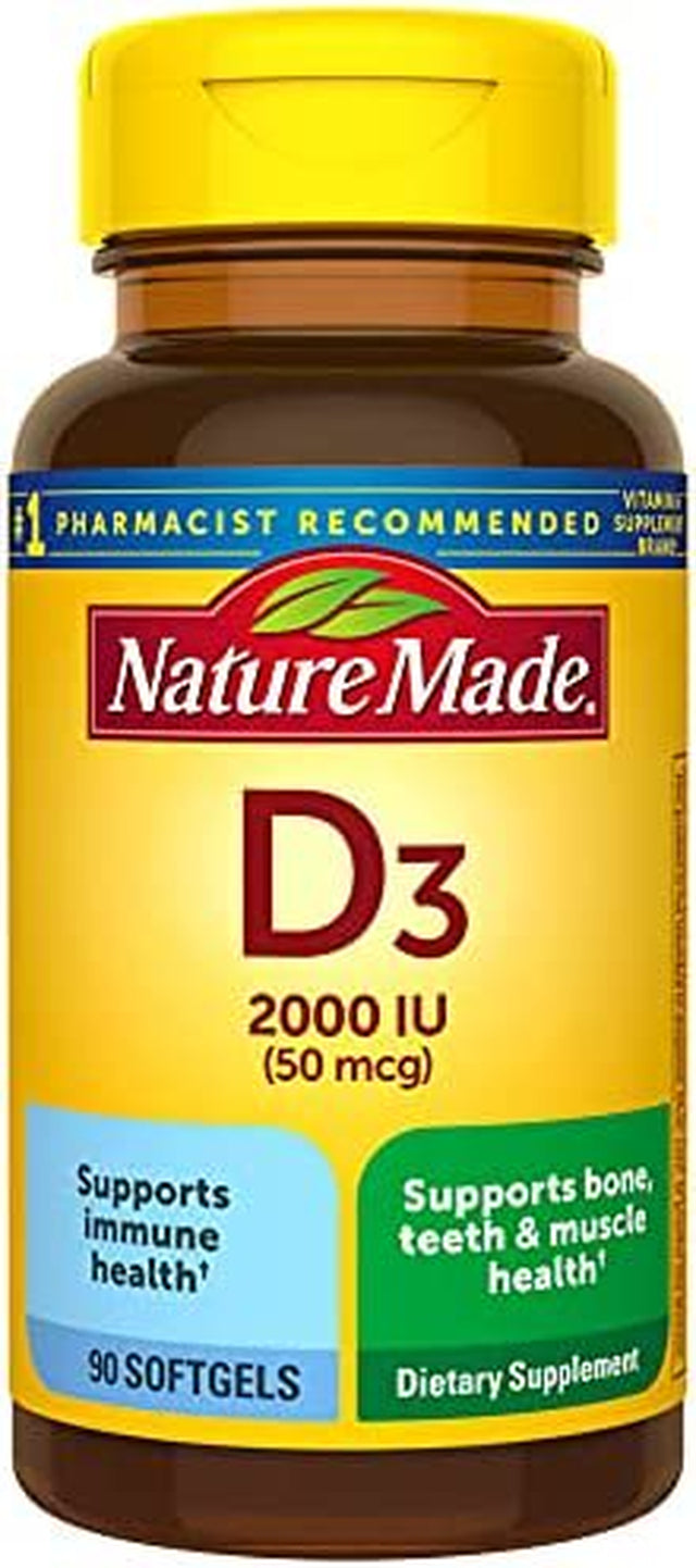 Nature Made Vitamin D3, 90 Softgels, Vitamin D 2000 IU (50 Mcg) Helps Support Immune Health, Strong Bones and Teeth, & Muscle Function, 250% of the Daily Value for Vitamin D in One Daily Softgel