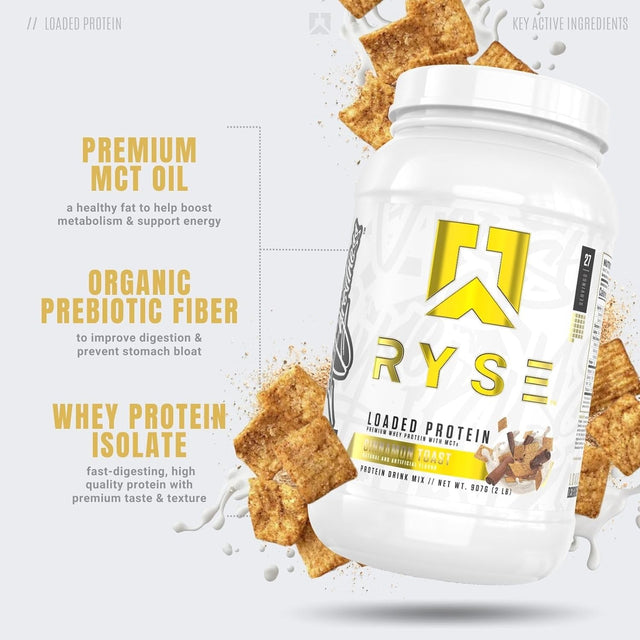 Ryse Loaded Protein Powder | 25G Whey Protein Isolate & Concentrate | with Prebiotic Fiber & Mcts | Low Carbs & Low Sugar | 27 Servings (Cinnamon Toast)