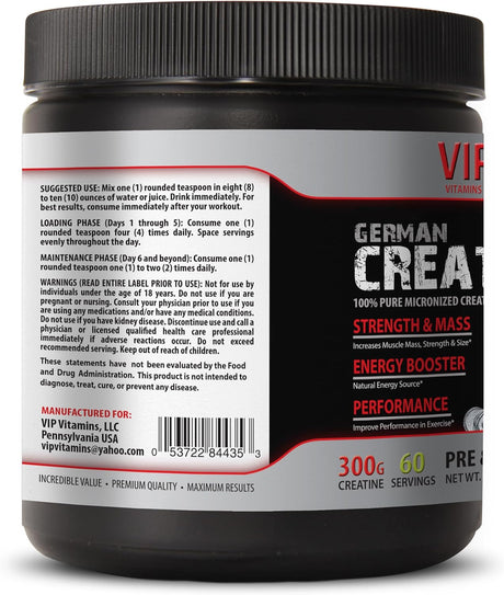 Bodybuilding German Creatine - GERMAN CREATINE POWDER - PRE & POST WORKOUT - Creatine for Muscle Gain, Workout Supplement, Energy and Endurance, Creatine Monohydrate, 1 Can 300 Grams (60 Servings)