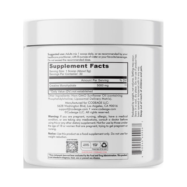 Codeage Liposomal Creatine Monohydrate Powder Supplement, Unflavored, 1-Month Supply, 30 Servings