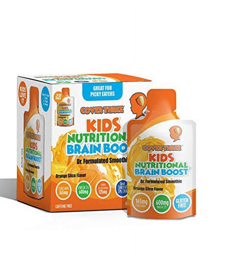 Cover Three Kids Brain Supplement Smoothie, Omega 3 Liquid Childrens DHA Fish Oil - Mental, Emotional, Physical Health - Focus and Attention, Heart, Vision Support, 20 Pouches (Orange) 6.74 Fl Oz (Pack of 1)