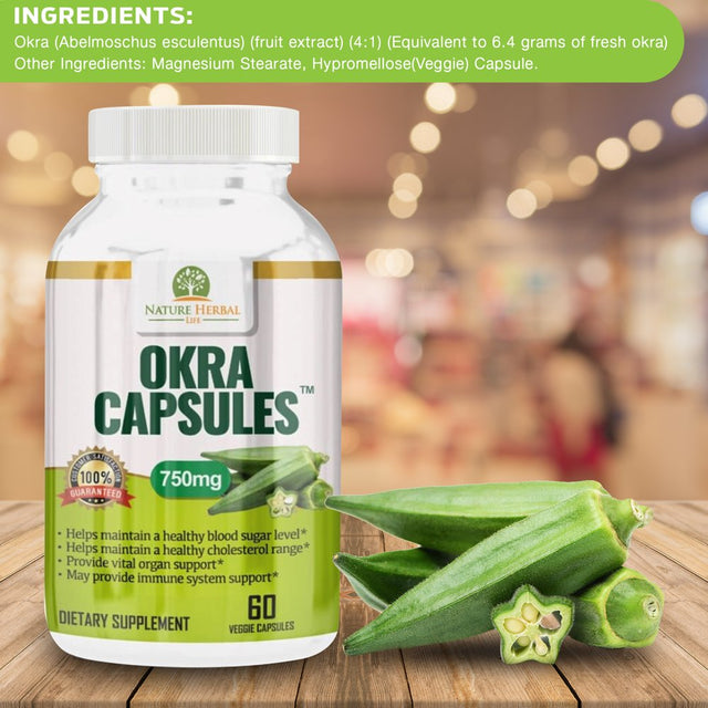 Okra Capsules. Blood Sugar Support Supplements (750Mg) 60 Veg Capsules. Antioxidant. Vitamin C. Support Digestion, Immune Booster, and Healthy Weight.